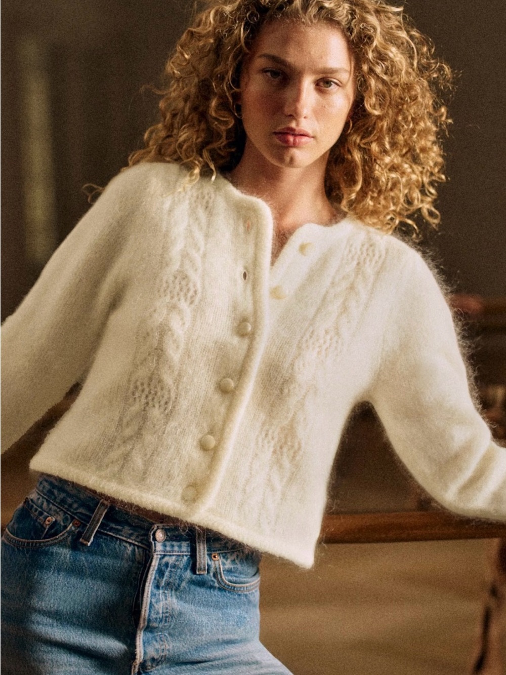 Sezane Cream Cable-Knit Mohair Cardigan - Picture 4 of 5